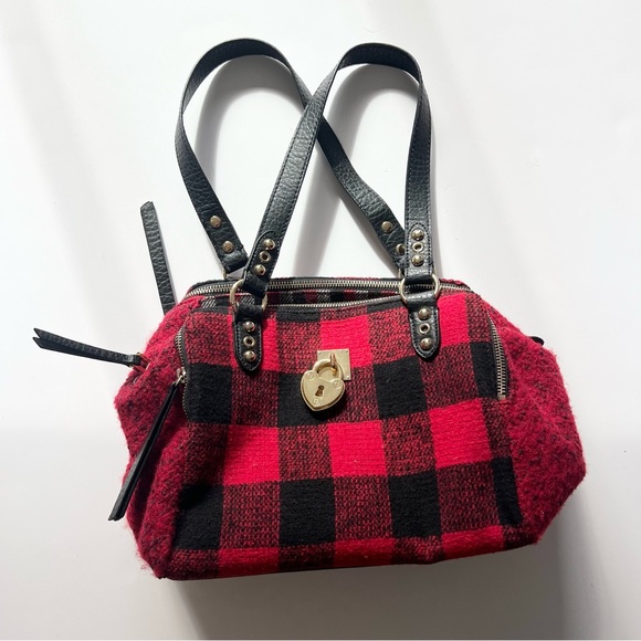 Juicy Couture Red Plaid Purse Wool Blend Shoulder Bag Three Zip Compartments - Picture 1 of 15